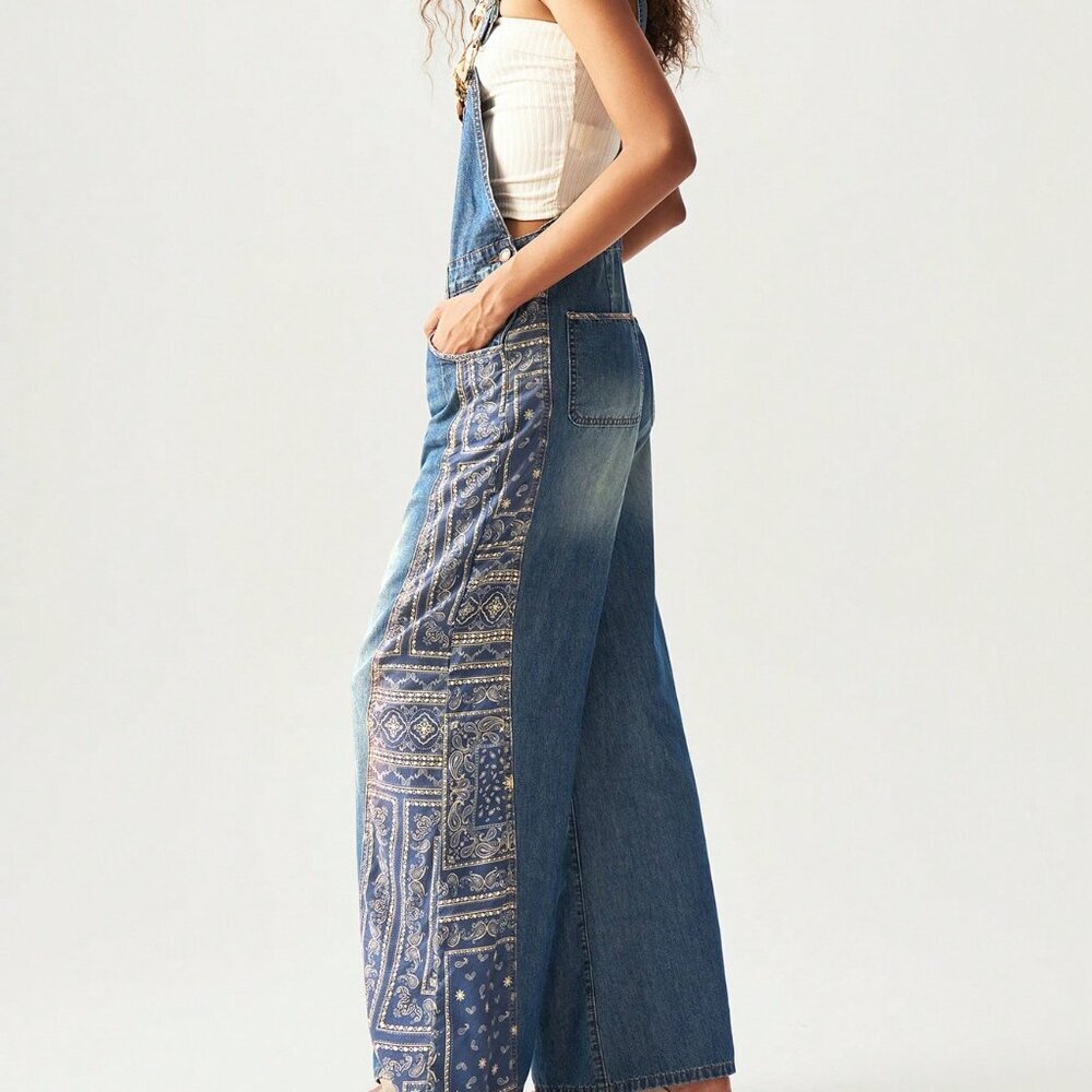 Medium Wash Casual Women's Woven Patchwork Wide-Leg Bib jumpsuit overall Pants - Picture 5 of 9